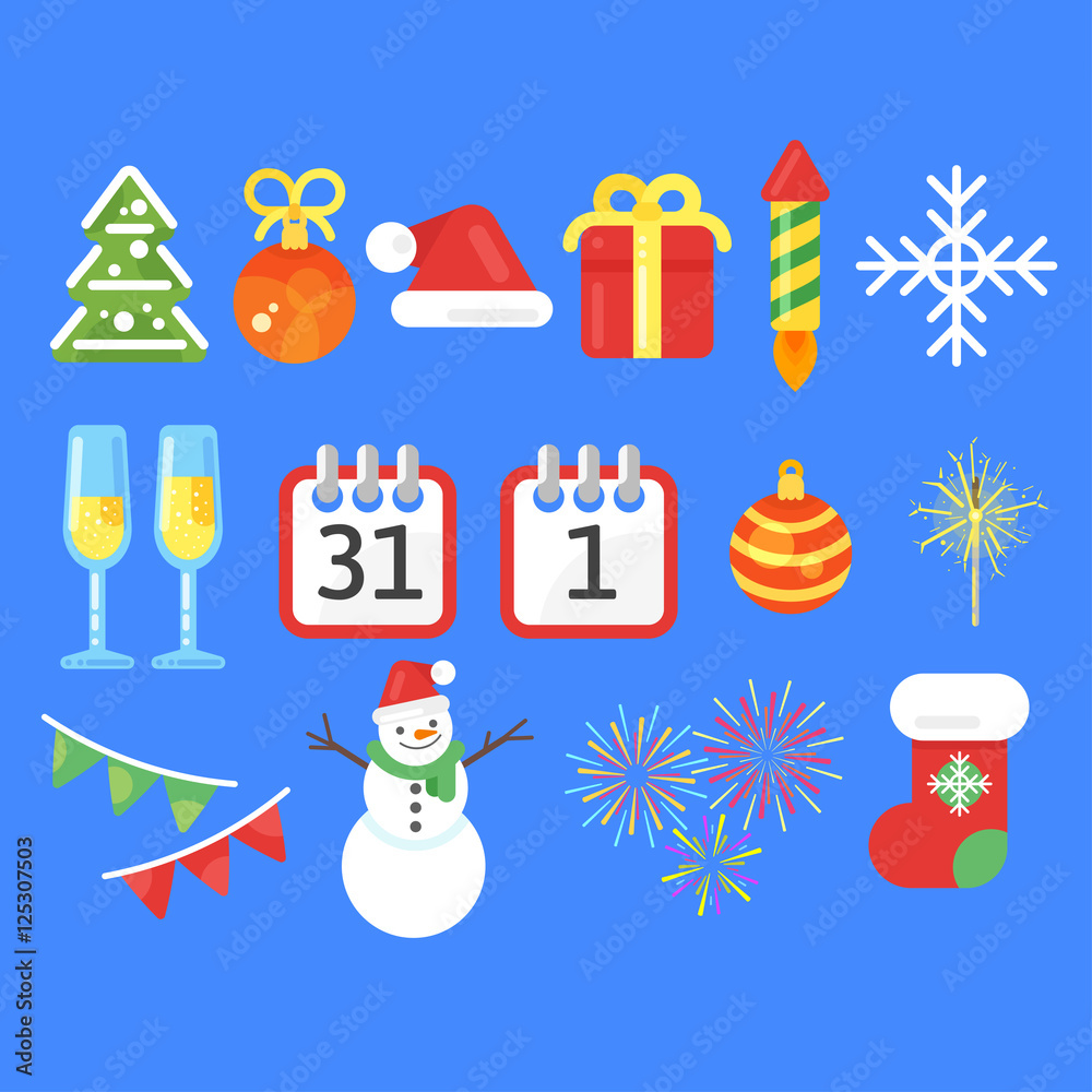Flat style set of Christmas or New Year icons. Flat style set of Christmas or New Year icons.