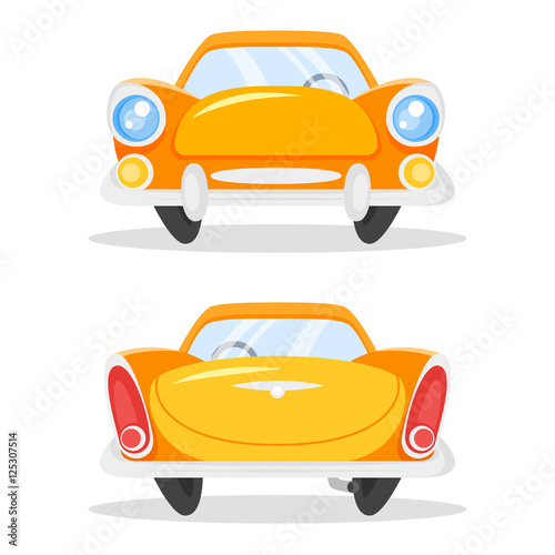 Vector cartoon style illustration of vintage old yellow car. Bac