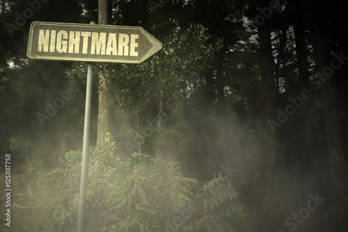 old signboard with text nightmare near the sinister forest
