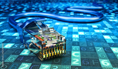 Network connection, internet communication and computer technology concept, closeup view of ethernet cable plug connector on blue digital code data background