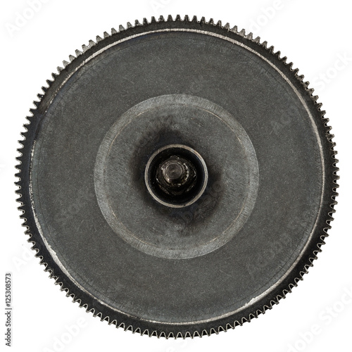 One gear wheel from metal closeup, isolated on white background