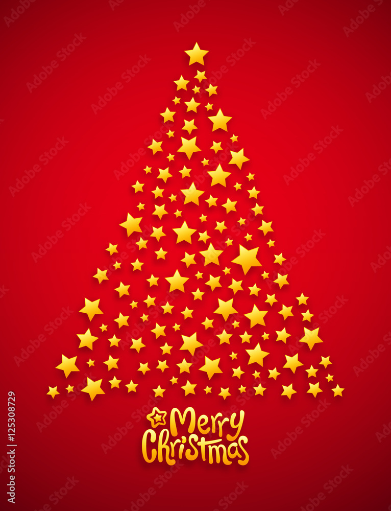 Christmas tree made from stars, red background Christmas tree made from stars, red background