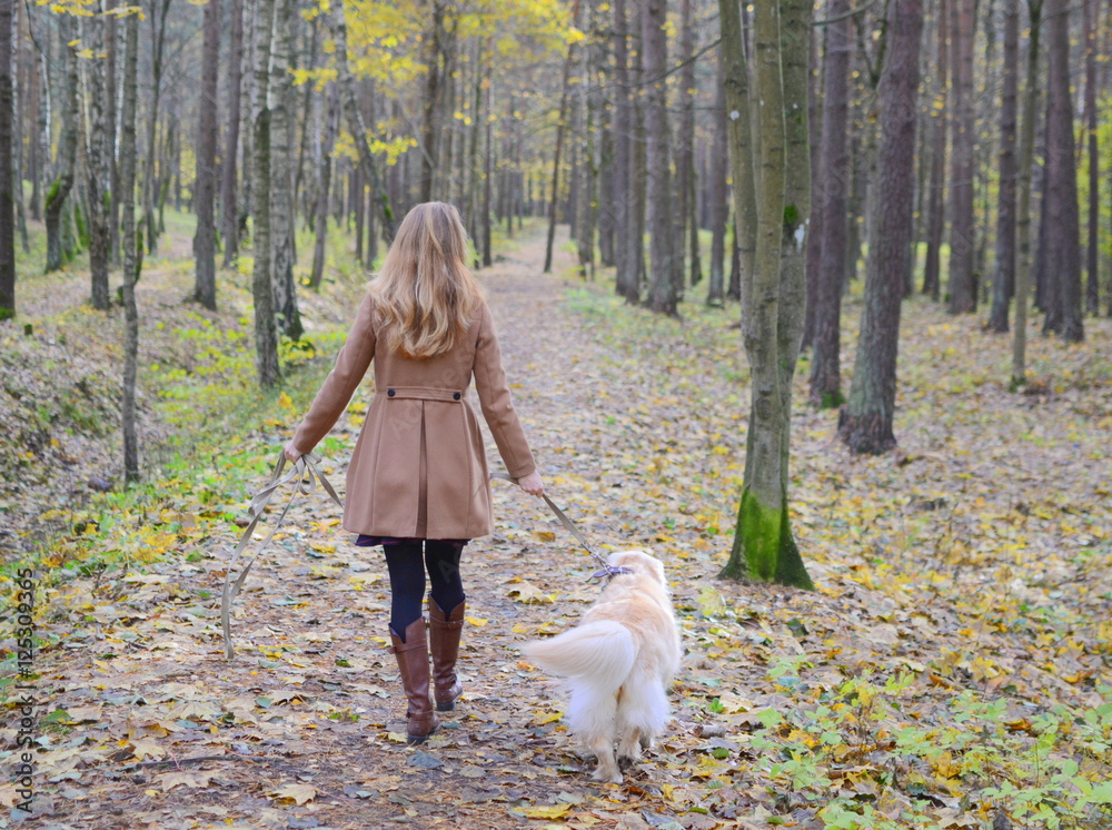 Pretty young woman in autumn park walking with her dog Pretty young woman in autumn park walking with her dog