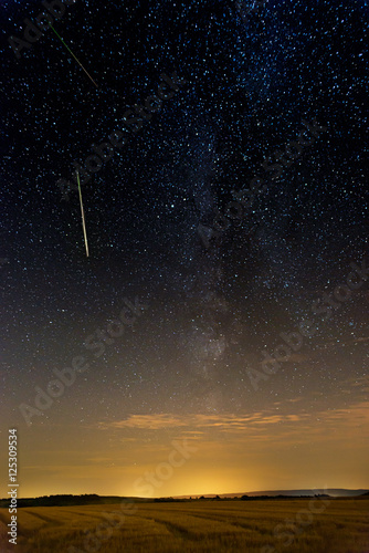 dark blue sky with stars over the meadow, astronomy background,