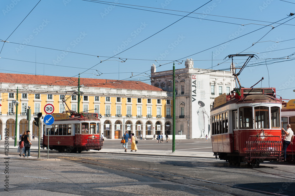 Commerce Square in Lisbon with statue and landmarks