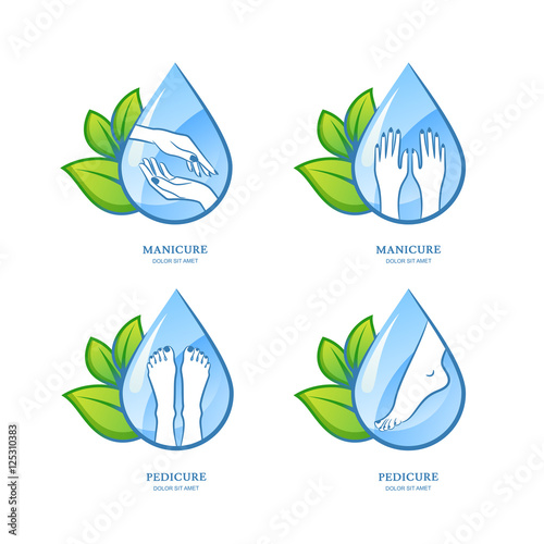 Vector set of womens manicure and pedicure logo, label design. Female hands and feet on water drop background. Concept for beauty salon, manicure, pedicure cosmetics, organic body care and spa.