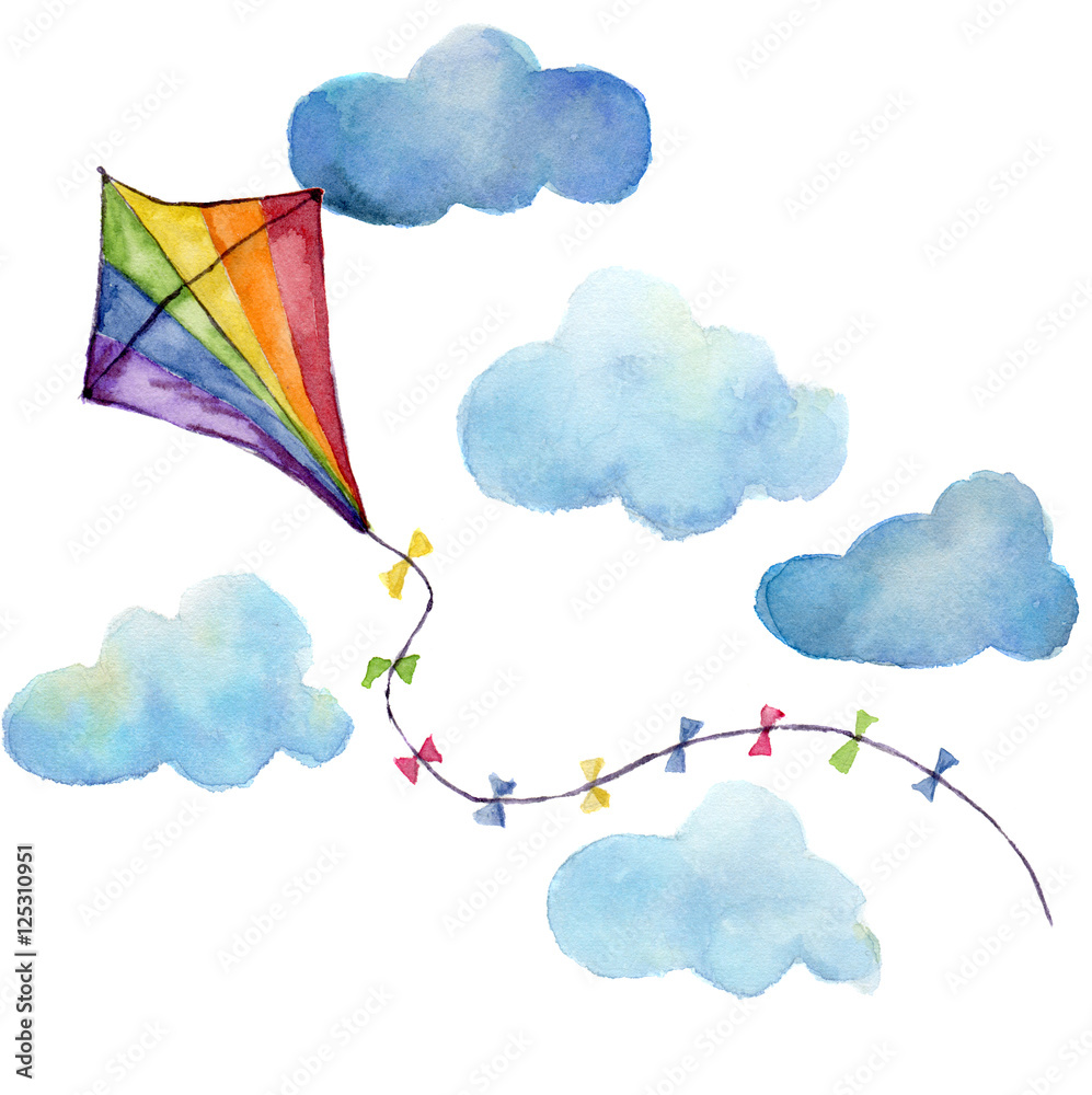 Obraz Zestaw powietrzny z paskami w akwarela. Ręcznie rysowane latawiec z chmury i projekt retro. Ilustracje na białym tle