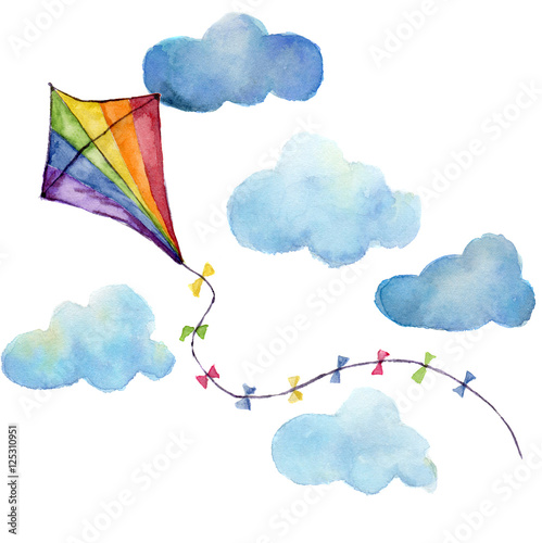 Obraz na płótnie Zestaw powietrzny z paskami w akwarela. Ręcznie rysowane latawiec z chmury i projekt retro. Ilustracje na białym tle