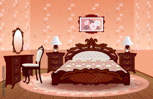 Bedroom cartoon classic Interior. Retro house with furniture.