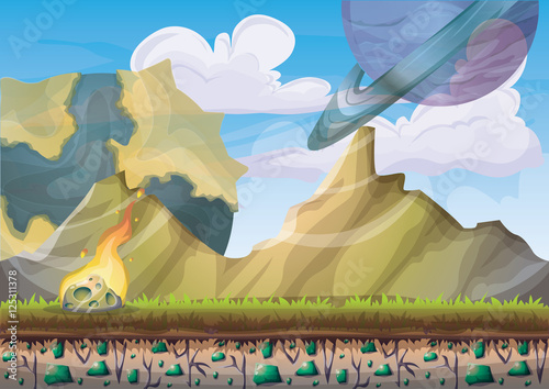 cartoon vector landscape with meteor background with separated layers for game art and animation game design asset in 2d graphic