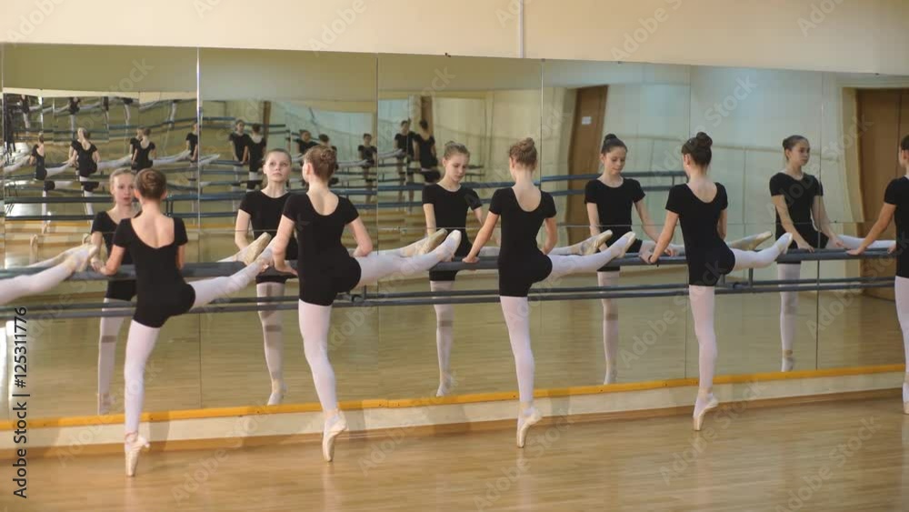 Young ballet dancers stands near the ballet barre at the ballet hall Young ballet dancers stands near the ballet barre at the ballet hall