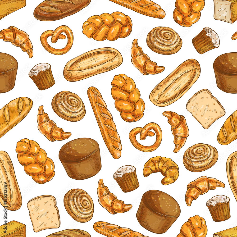 Bakery fresh baked bread seamless sketch pattern