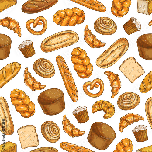 Bakery fresh baked bread seamless sketch pattern