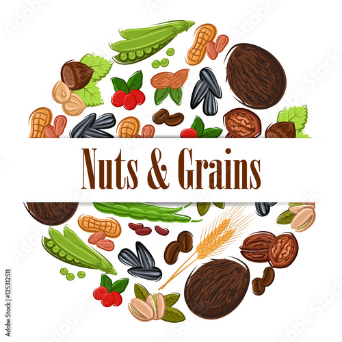 Nutritious nuts and grains in round shape emblem