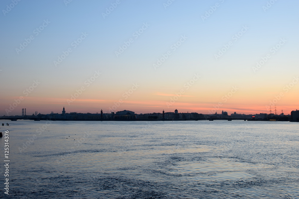 Panorama of Neva river and view of the Vasilievsky island with T