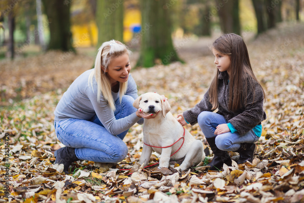 Mother and daughter with their labrador retriever puppy in park. Mother and daughter with their labrador retriever puppy in park.