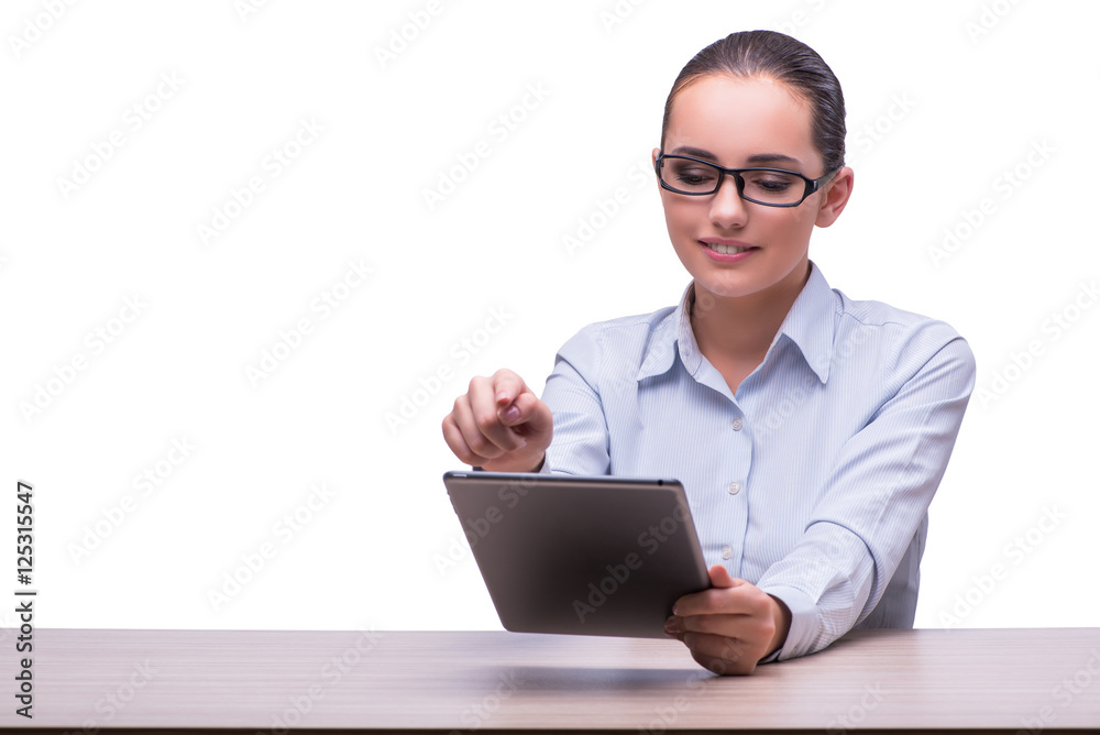 Businesswoman working tablet computer on white background Businesswoman working tablet computer on white background