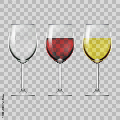 Transparent Glass Full Of Red, White Wine, And Empty