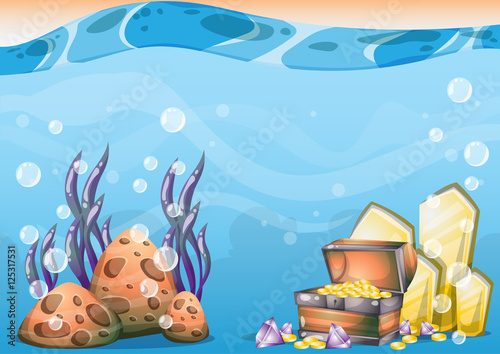 Fototapeta Naklejka Na Ścianę i Meble -  cartoon vector underwater treasure background with separated layers for game art and animation game design asset in 2d graphic