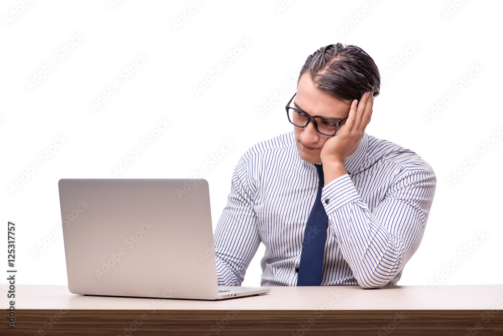 Handsome businessman working with laptop computer isolated on wh Handsome businessman working with laptop computer isolated on wh