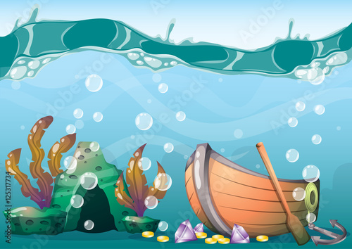 cartoon vector underwater treasure background with separated layers for game art and animation game design asset in 2d graphic