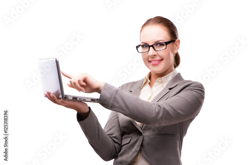 Businesswoman with laptop isolated on white