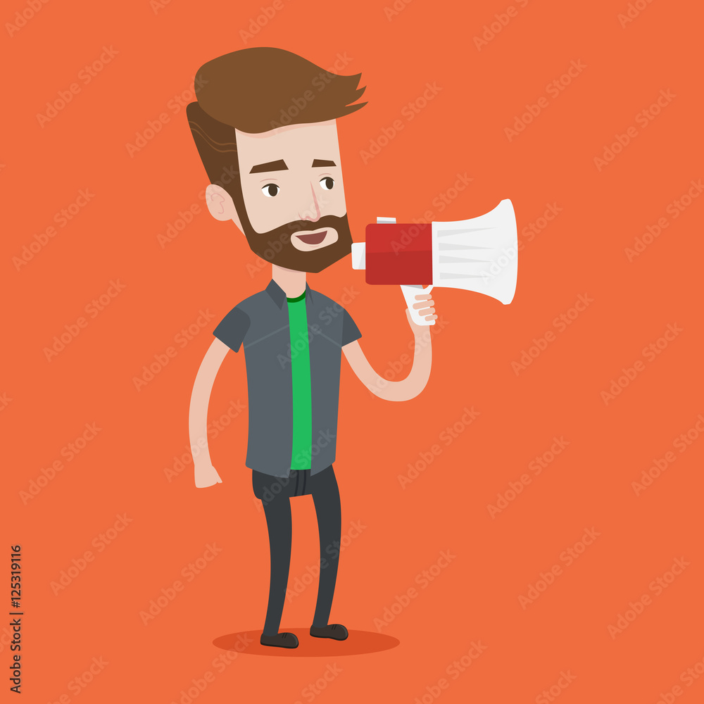 Young hipster man speaking into megaphone. Young hipster man speaking into megaphone.