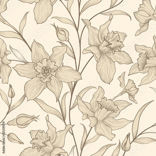 Floral seamless pattern. Flower garden vintage background. Floral engraving tile textured pattern
