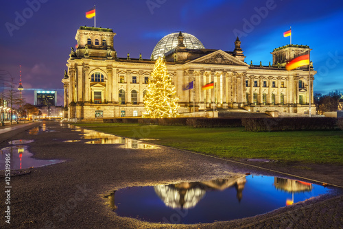 Photography Reichstag christmas tree at night, Berlin, Germany