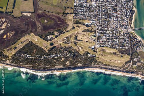 A vertical aerial view of Barwon Heads Golf Course in Victoria  Australia.