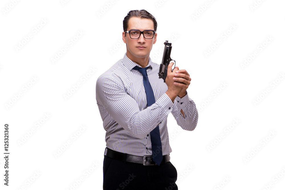 Young businessman with gun isolated on white Young businessman with gun isolated on white
