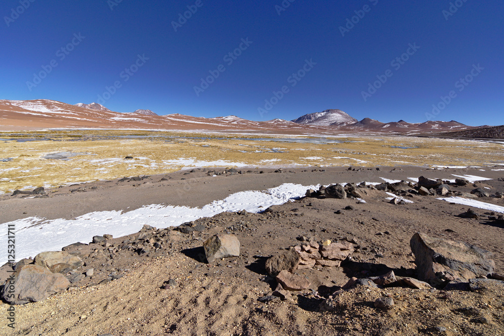Snow and rocks in the banks of a salt lake