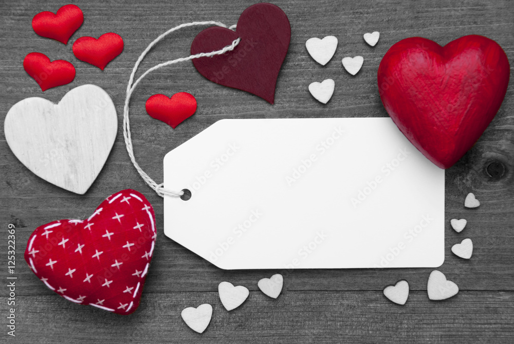 Label, Black And White, Red Hearts, Copy Space Label, Black And White, Red Hearts, Copy Space
