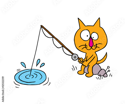 cartoon cat character fisherman, sport and outdoor activity fishing vector illustration