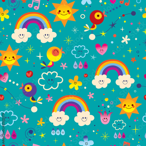 cute birds, flowers, Sun, rainbow, clouds, sky raindrops. extremely impressive seamless pattern. Lovely nature theme