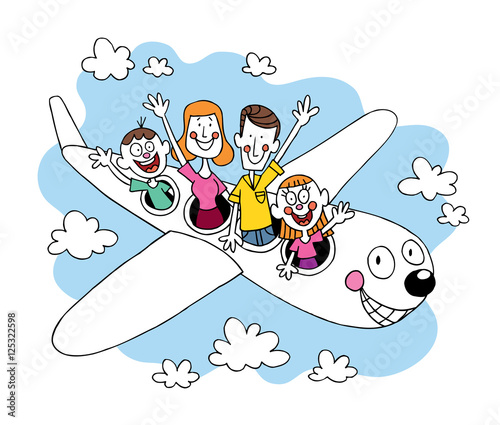 Family of four going on a trip traveling by airplane - tourism air travel illustration