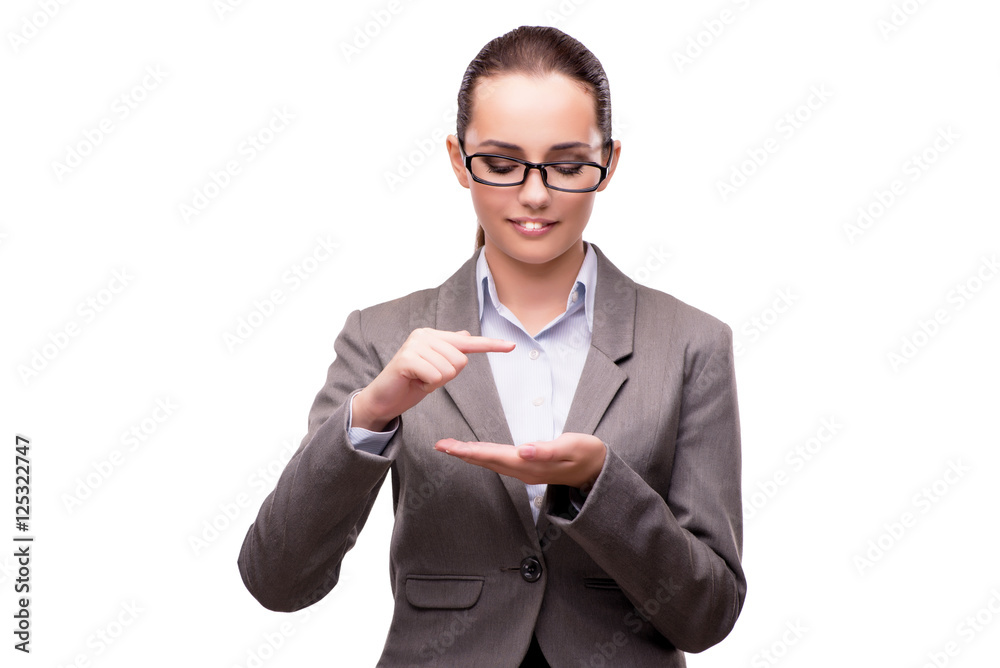 Bsuinesswoman pressing virtual buttons isolated on white Bsuinesswoman pressing virtual buttons isolated on white