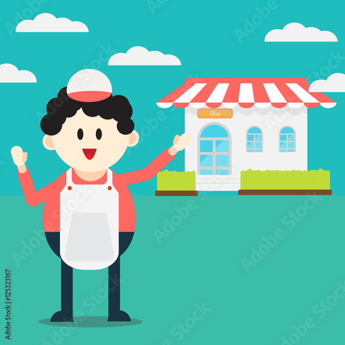 Cute cartoon Shopkeeper character front of shop : vector illustration