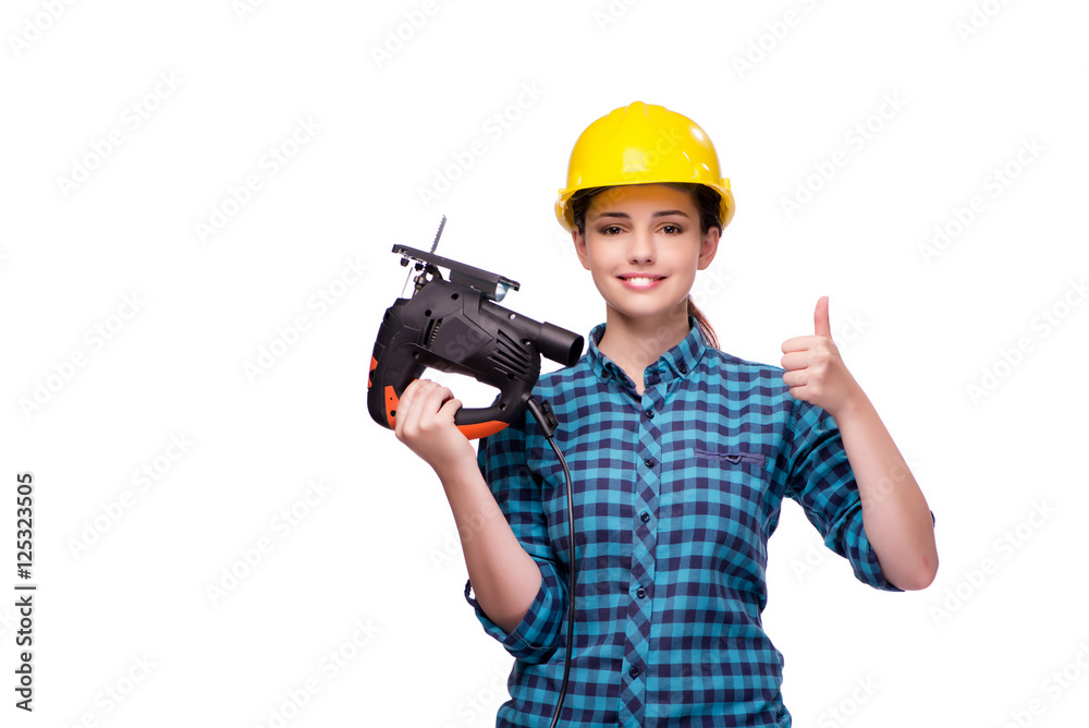 Young woman in industrial concept isolated on white Young woman in industrial concept isolated on white