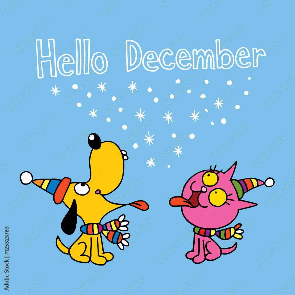hello December card with cute puppy and kitten pets winter design