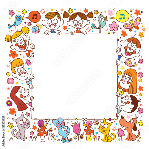group of happy kids and pets blank banner frame border. ready for your message