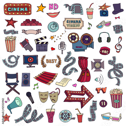 Set with hand drawn doodle colorful cinema set. Movie making icons. Film symbols collection.