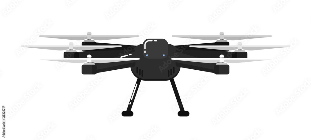 Drone aircraft in flat design isolated on white background. Drone technology with remotely controlled flying robot vector illustration. Multicopter. Unmanned aerial vehicle. Modern flying device. Drone aircraft in flat design isolated on white background. Drone technology with remotely controlled flying robot vector illustration. Multicopter. Unmanned aerial vehicle. Modern flying device.