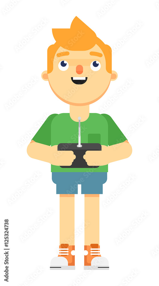 Boy standing and holding radio remote controler vector illustration isolated on white background. Unmanned aerial, auto or water vehicle device. Modern drones technology concept