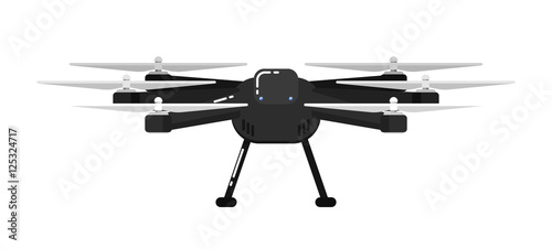 Drone aircraft in flat design isolated on white background. Drone technology with remotely controlled flying robot vector illustration. Multicopter. Unmanned aerial vehicle. Modern flying device.