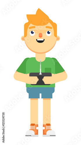 Boy standing and holding radio remote controler vector illustration isolated on white background. Unmanned aerial, auto or water vehicle device. Modern drones technology concept