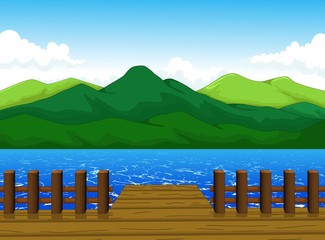 beautiful view of dock cartoon with mountain landscape background