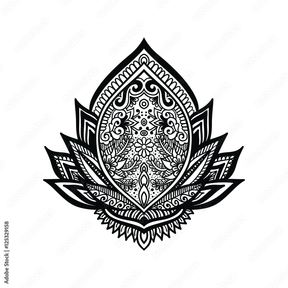 Obraz premium Vector ornamental Lotus flower, ethnic art, patterned Indian paisley. Hand drawn illustration. Invitation element. Tattoo, astrology, alchemy, boho and magic symbol.