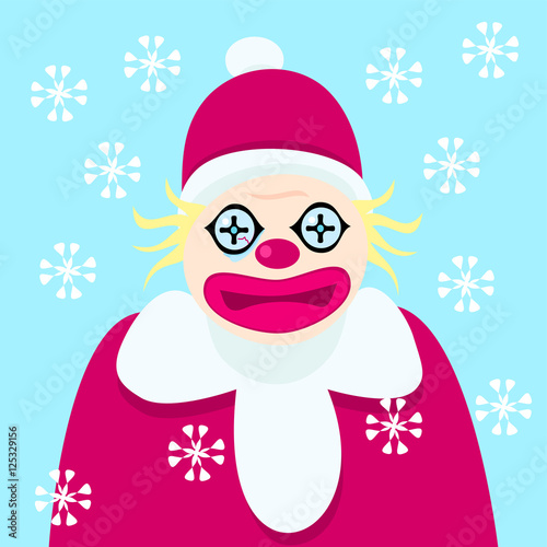 Disturbing clown with bloody fiber of the eye in the clothes of Santa Claus