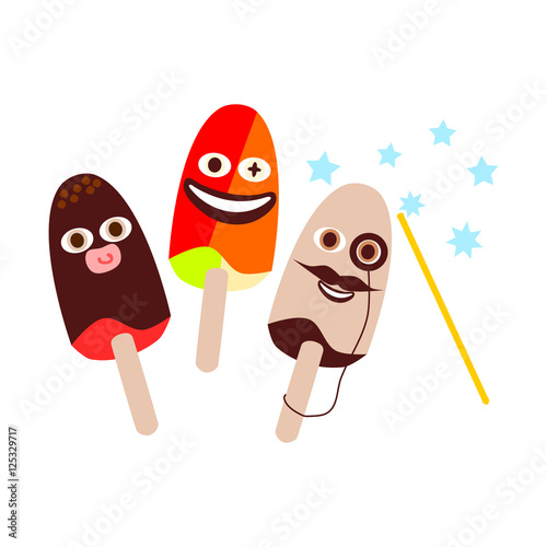 Funny ice lolly pop. Magic wand forming a cheerfully colored lollies with a funny face as baby, a clown and a gentleman. Simple stylized illustration in cartoon style.